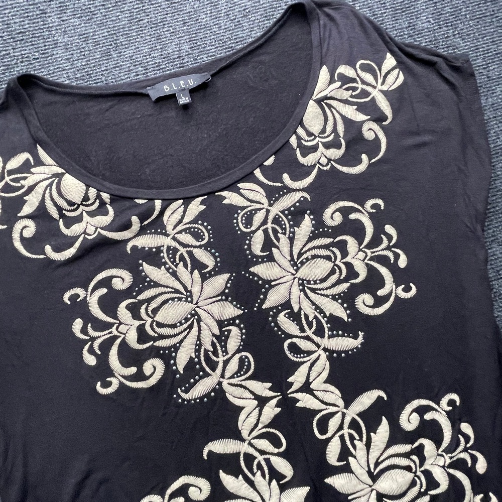 B.L.E.U. Embroidered Top Women L Black Floral Studded Layer Peasant Whimsigoth